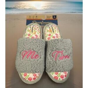 Dearfoams Gray Memory Foam Slide Slippers with Floral Inner Sole - Size Large